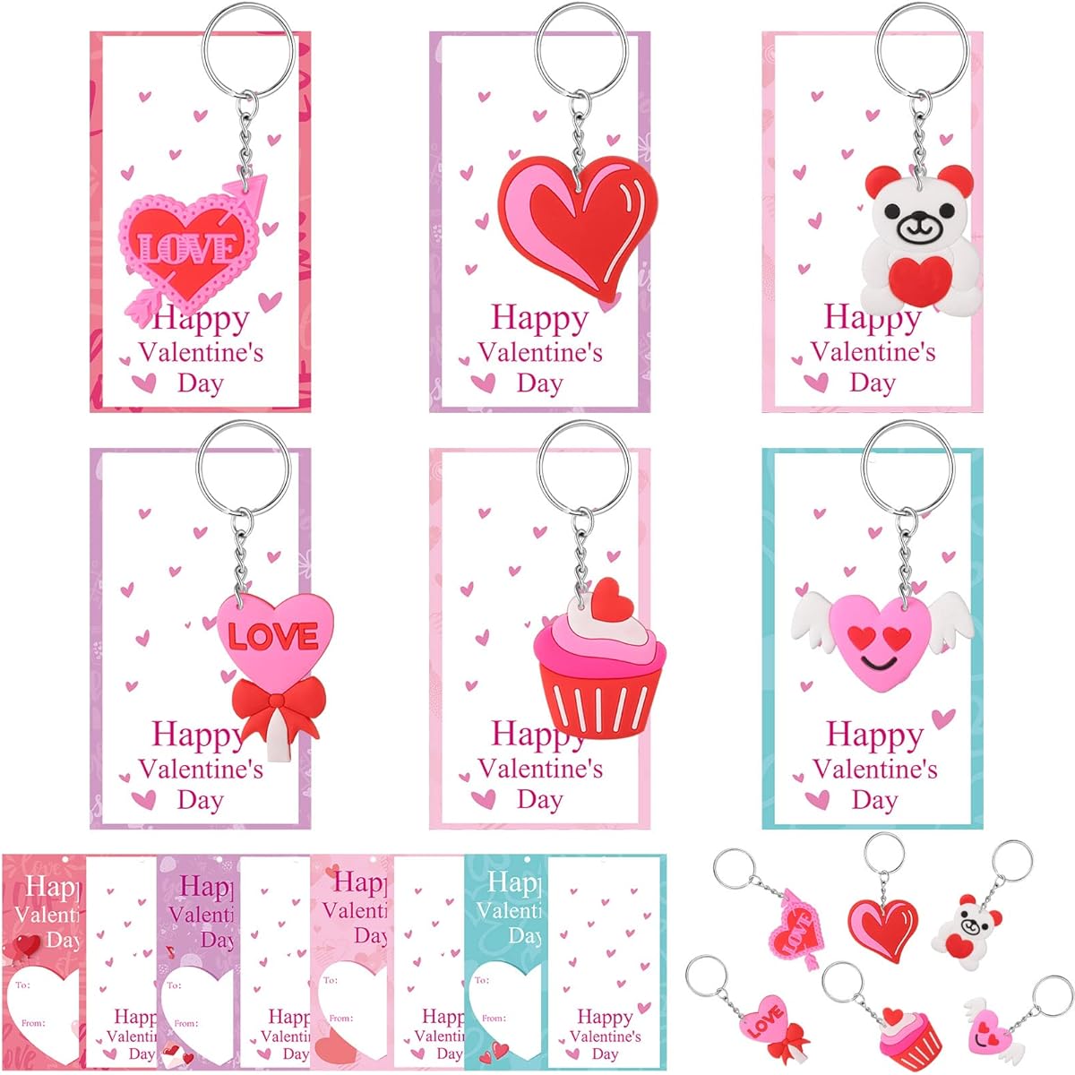 40 Sets Valentine's Day Kids Present Card with Heart Keychain Keyring Valentine Classroom School Exchange Prize Party Favor Backpack Clip Game Valentine Exchange Card