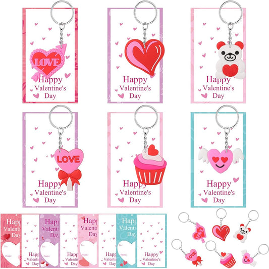 40 Sets Valentine's Day Kids Present Card with Heart Keychain Keyring Valentine Classroom School Exchange Prize Party Favor Backpack Clip Game Valentine Exchange Card