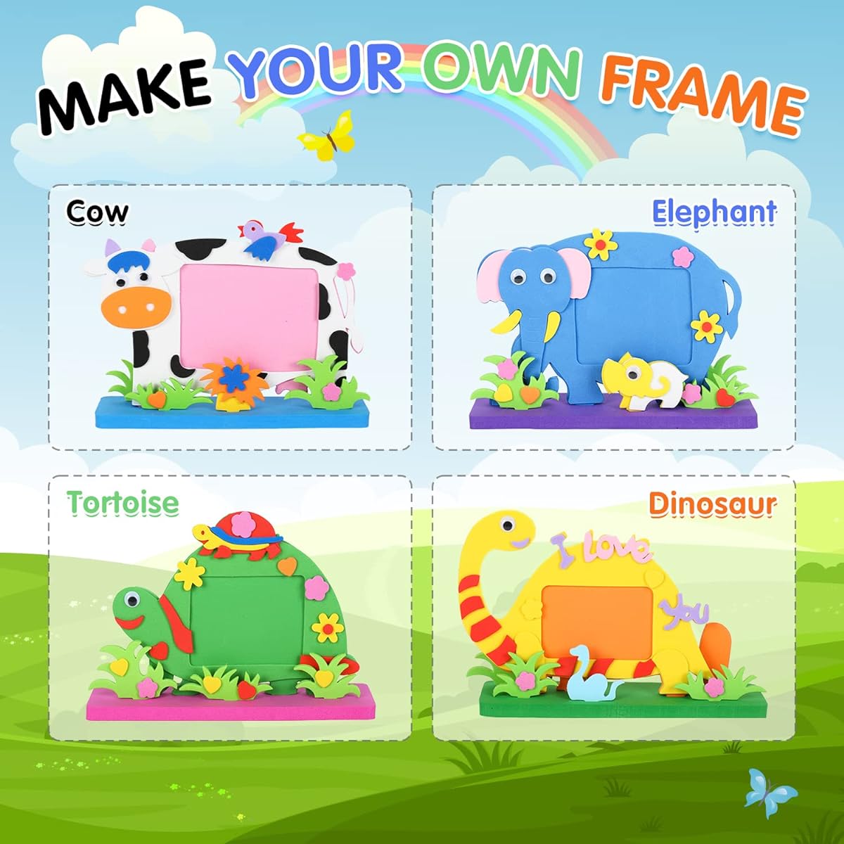 Whaline 8 Pieces Animal Themed Photo Frames Cow Elephant Tortoiseshell Dinosaur Picture Frame Craft Special Shape DIY Foam Picture Frame Craft Kit for Kids Animal Party Favors Photo Decorations