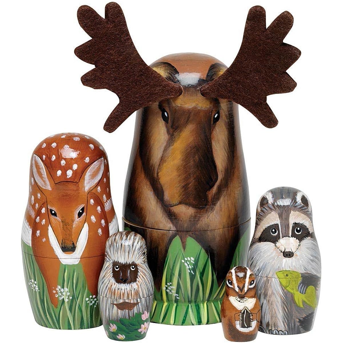 Bits and Pieces - "Woody And Friends" American Woodland Creatures Nesting Dolls - Hand Painted Wooden Nesting Dolls Matryoshka Animal Figurines - Set of 5 Dolls