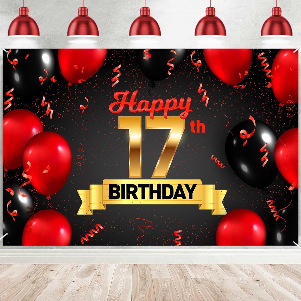 Happy 17th Birthday Red Black Decorations Banner Backdrop Balloons 17 Years Old Buddy Theme Decor for Girls Boys Happy 17th Birthday Party Photo Booth Props Giveaway Supplies