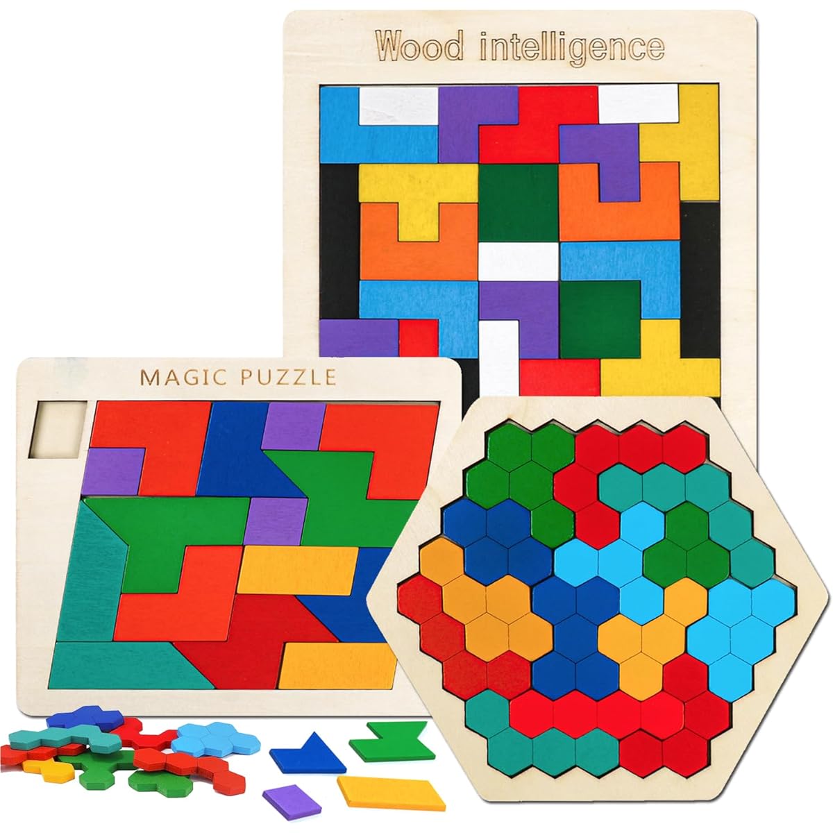 Brain Teasers Puzzles for Kids Wooden Puzzle Tangram Blocks Shape Blocks Geometry Logic Game STEM Montessori Educational Gifts Challenge for All Ages (Set of 3)