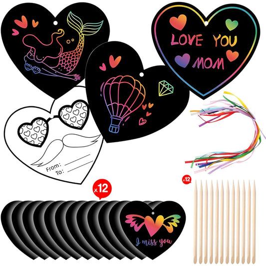 12pcs Dinosaur Scratch Paper Art Set Hanging Craft Art Kit Magic Rainbow Animal Scratch Cards with 12 Wooden Stylus Pens and 12 Ribbons for Kids/Classroom/Party/Favors/DIY Art Decoration