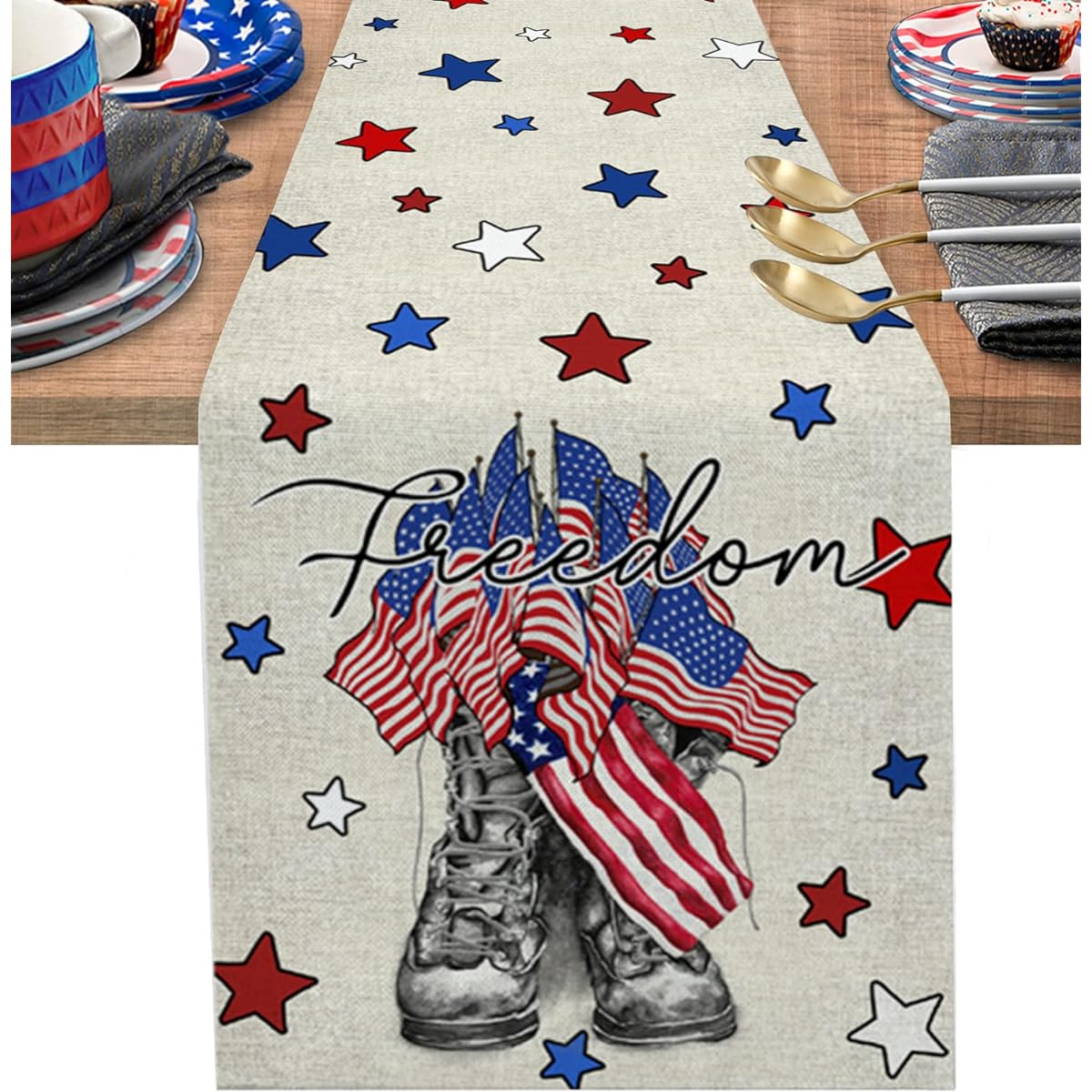 Freedom Boots 4th of July Table Runner 90" Long Patriotic Cotton Linen Tablecloth Dresser Scarf Party Holiday Coffee/Dining Table Runner Memorial Day Decor Blue Red Gray
