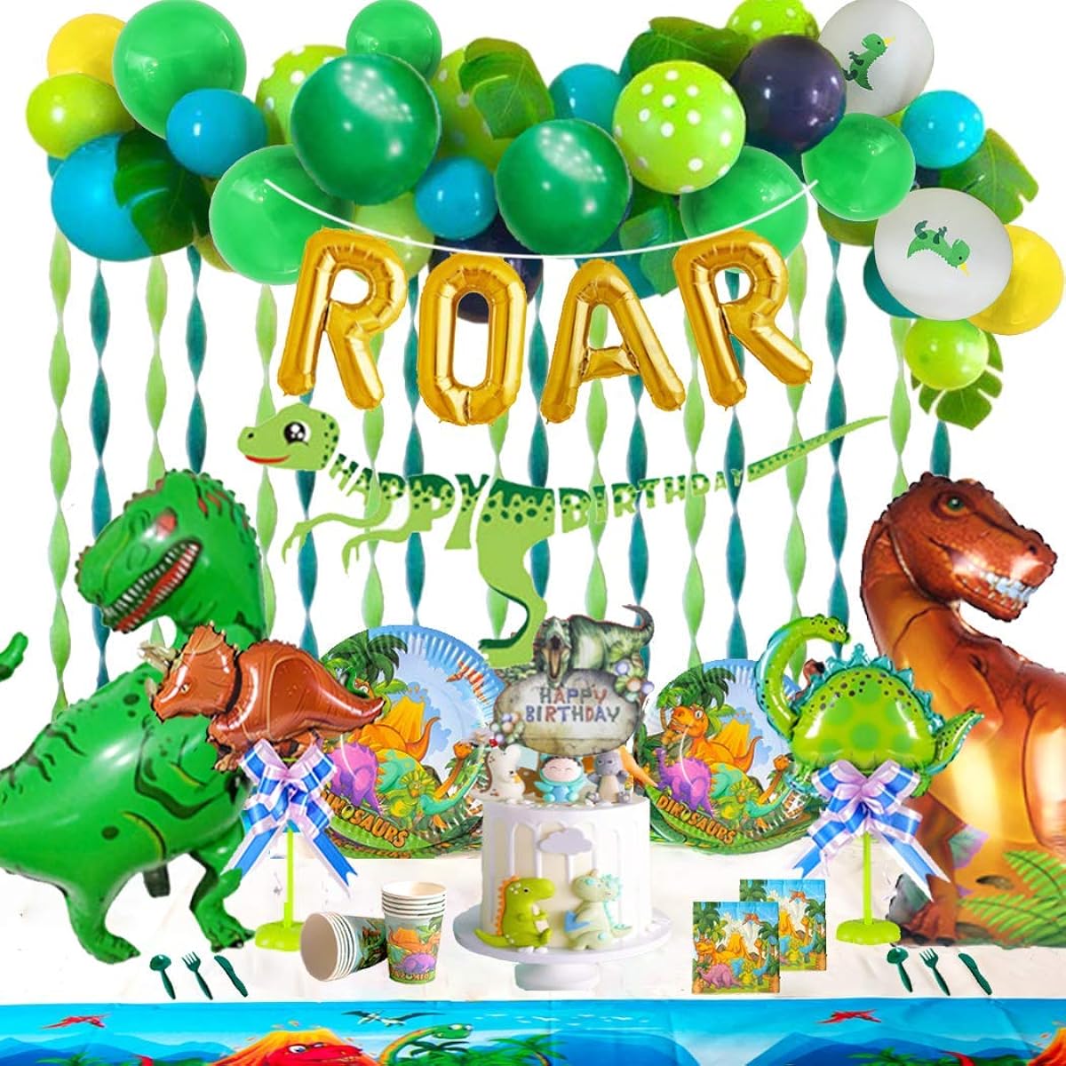 Dinosaur Birthday Party Supplies Dinosaur Birthday Party Decorations, Happy Birthday Banner, Napkins, Cups, Plates, Tablecloth, Dinosaur Stickers, Balloons, Cake Topper, Includes Dinosaur Themed Garland & Arch
