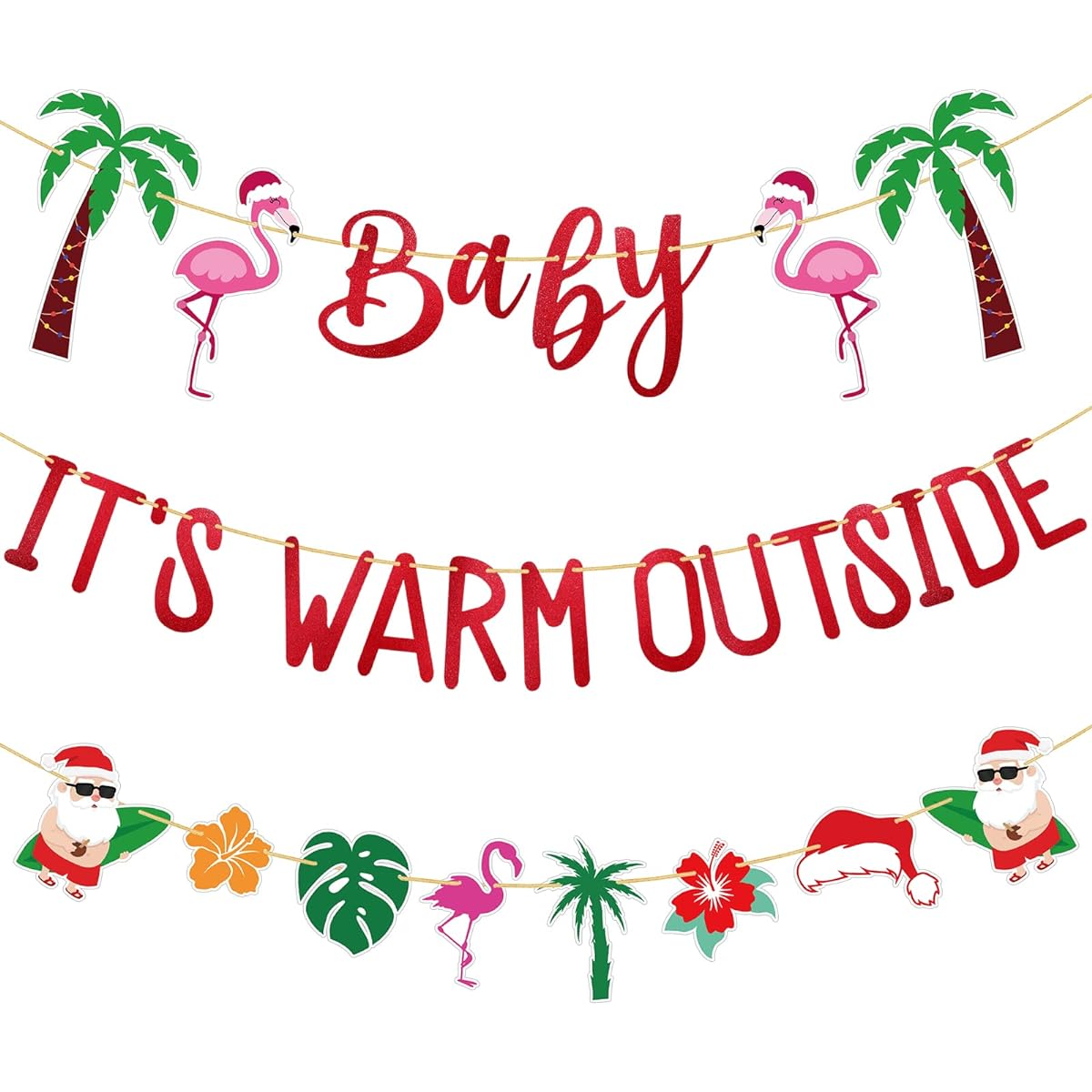 Ireer 3 Pieces Christmas in July Decorations Red Glitter Tropical Christmas Party Banner Christmas in July Tropical Christmas Banner Decorations Baby Warm Outside Banner
