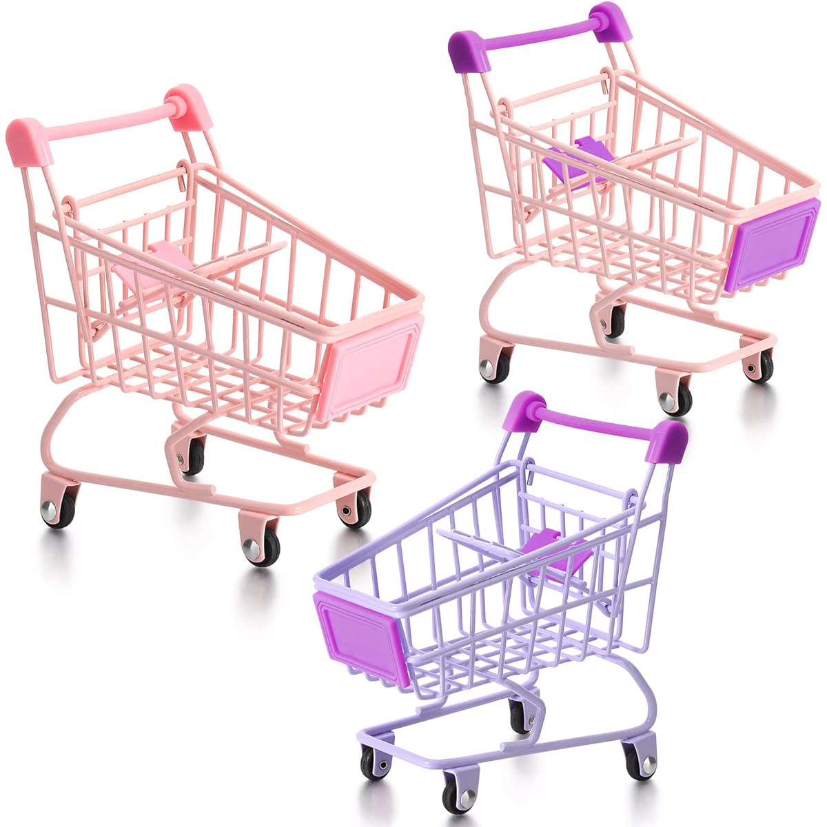 Hotop 3pcs Small Shopping Cart Mini Supermarket Cart Hand Cart Shopping Utility Cart Kids Metal Shopping Cart Modal Storage Toy Shopping Cart (Pink, Purple Combine) (Candy Style)