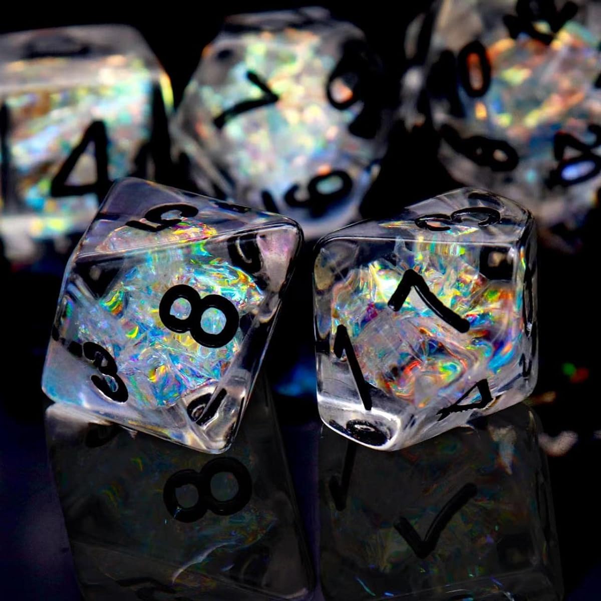 PJOY Clear Rainbow DND Dice Set, 7 Pieces D&D Dice Iridescent Mylar Filled Resin Polyhedral RPG Games Dungeons & Dragons Gifts