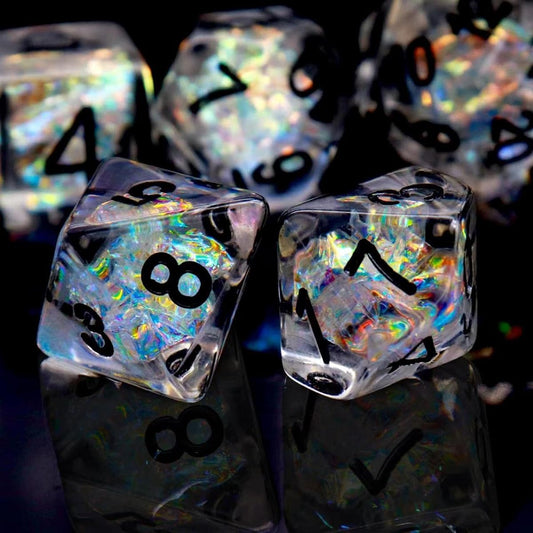 PJOY Clear Rainbow DND Dice Set, 7 Pieces D&D Dice Iridescent Mylar Filled Resin Polyhedral RPG Games Dungeons & Dragons Gifts