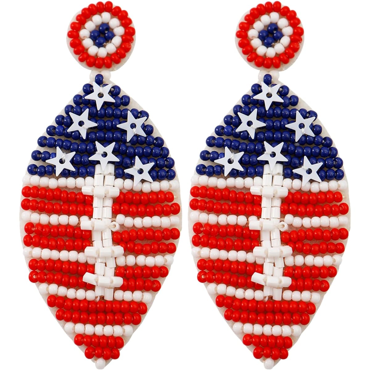 KWUNCCI American Flag Earrings 4th of July Earrings Women's Beaded Rugby Stars and Stripes USA Dangle Drop Earrings Handmade Independence Day Patriotic Earrings Holiday Accessories