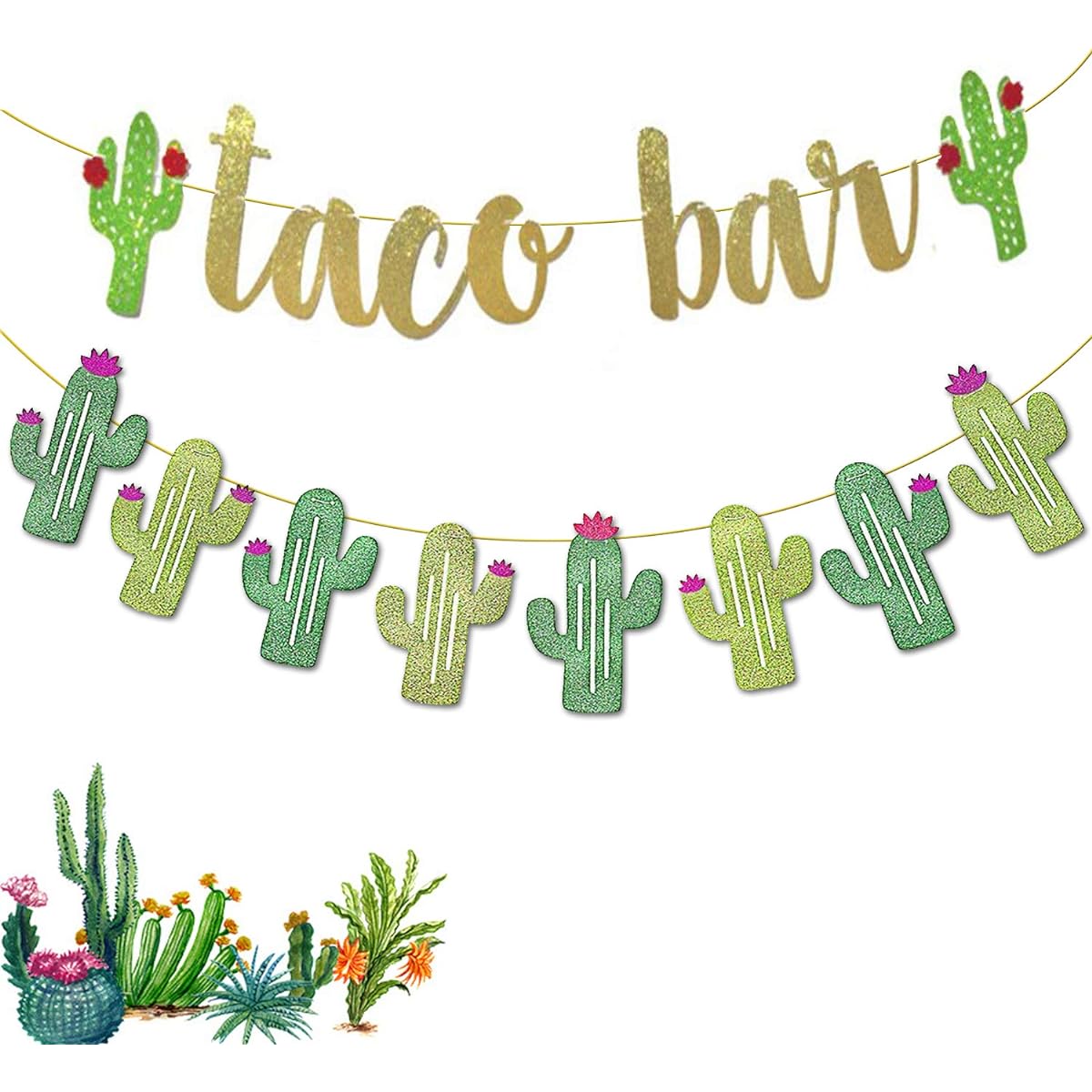 Fiesta Taco Bar Cactus Banner Garland Gold Green Sparkly Fiesta Banner Mexican Fiesta Party Cinco de Mayo Decorations Set of 2