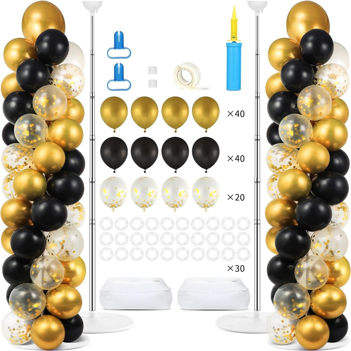 Balloon Column Stand Kit with 100 Balloons Adjustable Balloon Tower Stand with Floor Base Black Gold Balloon Column Kit for 50th Birthday Wedding Engagement Anniversary Graduation Party Set of 2