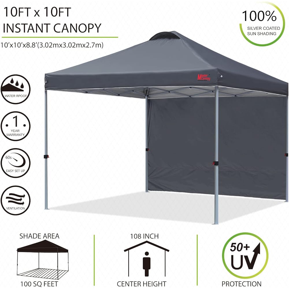MASTERCANOPY One Touch Tarp Tent Side Sheet Set 2M/2.5M/3M 3 Level Adjustment Steel Frame Air Ventilation Water Resistant UV Protection Sunshade Sunshade Commercial Outdoor Use (Caster Bag Peg Rope Weight Bag Included) (3M, Deep Gray )