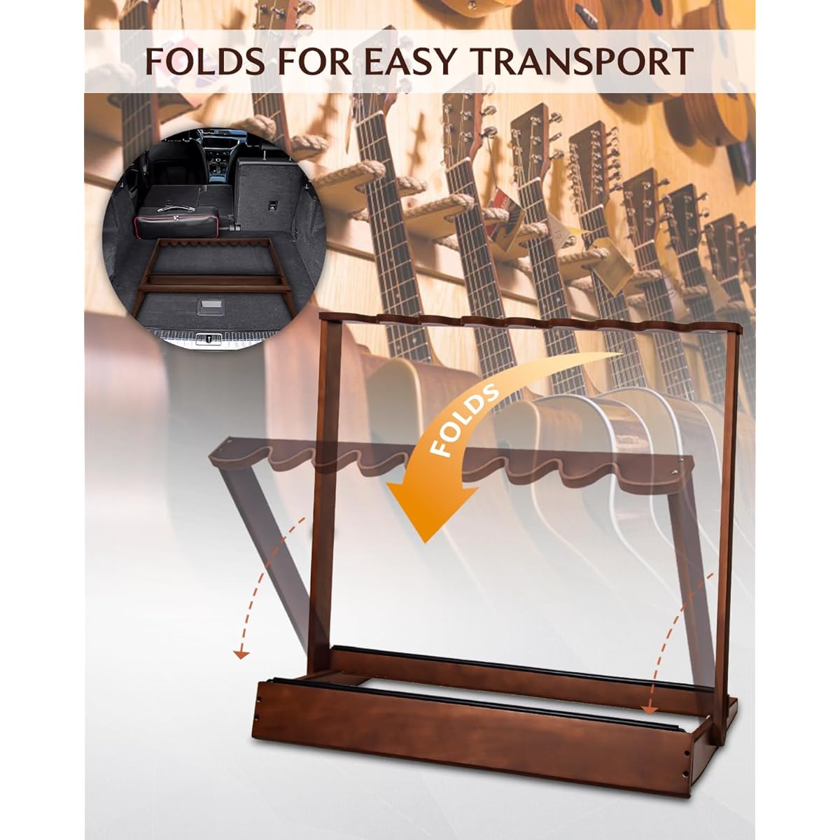 STRICH Multi-Guitar Rack Stand Hardwood Folding Display Holds up to 9 Electric Guitar Bass or 5 Acoustic Guitars for On-the-go Gig Home Studio SMT-20 (9 Holders)