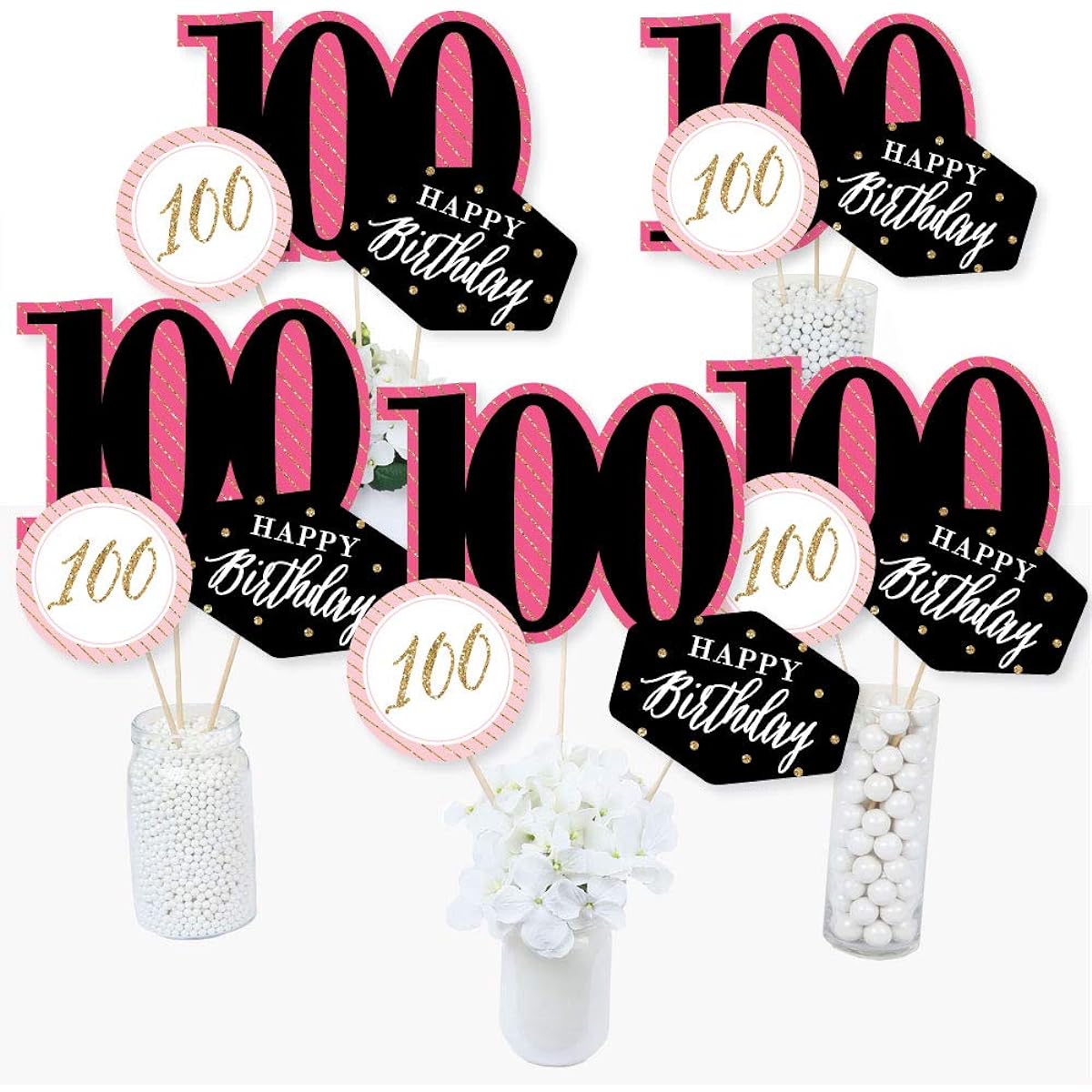 Chic 100th Birthday - Pink, Black, Gold - Birthday Party Centerpiece Sticks - Table Toppers - Set of 15