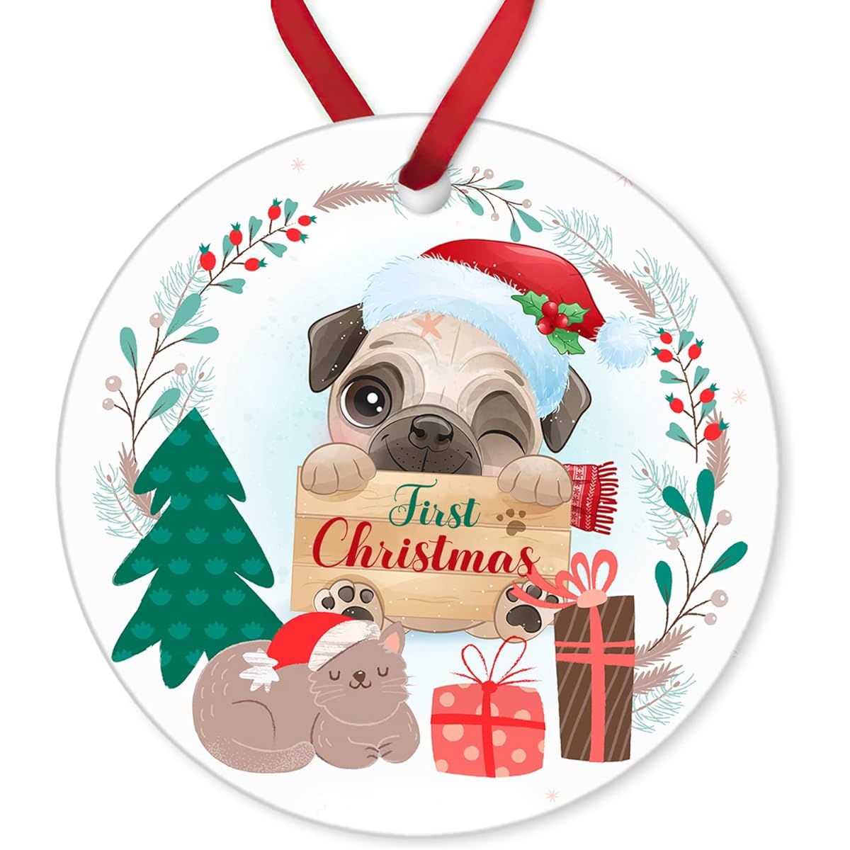 Pug Baby's First Christmas Round Ceramic Ornament Wreath Christmas Flat Porcelain Keepsake for Baby New Parents Christmas Tree Decoration Gift Double Sided