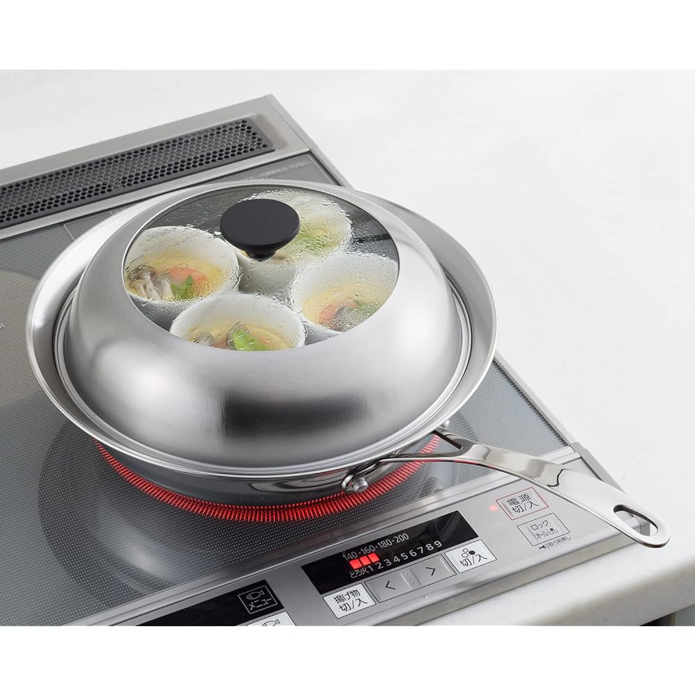 Yoshikawa Steamer for Frying Pans 24-26cm Steaming Plate Made in Japan Stainless Steel Steaming Dishes with Glass Lid Visible! Steamer for Frying Pans YJ3212