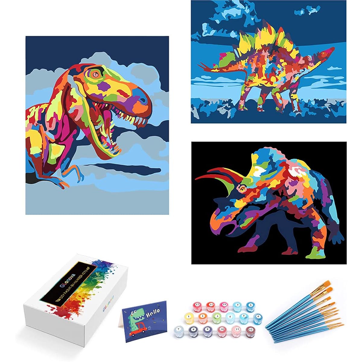 Glonova Paint by Numbers 3 Pieces for Kids Age 8-12 Beginner DIY Oil Painting Gift Kit 16 x 20 Inch Pre-painted Canvas Colorful Dinosaurs