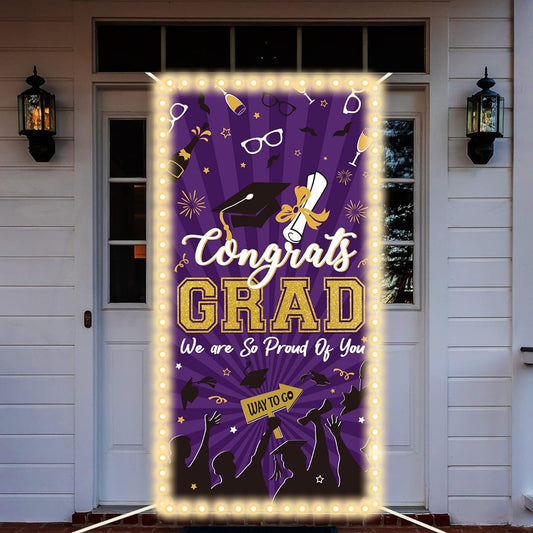 2023 Graduation Banner with LED Light Strip, Graduation Door Cover, Graduation Door Banner for Indoor Outdoor Graduation Party Photography Backdrop Decorations 71 x 36 Inch (Purple)