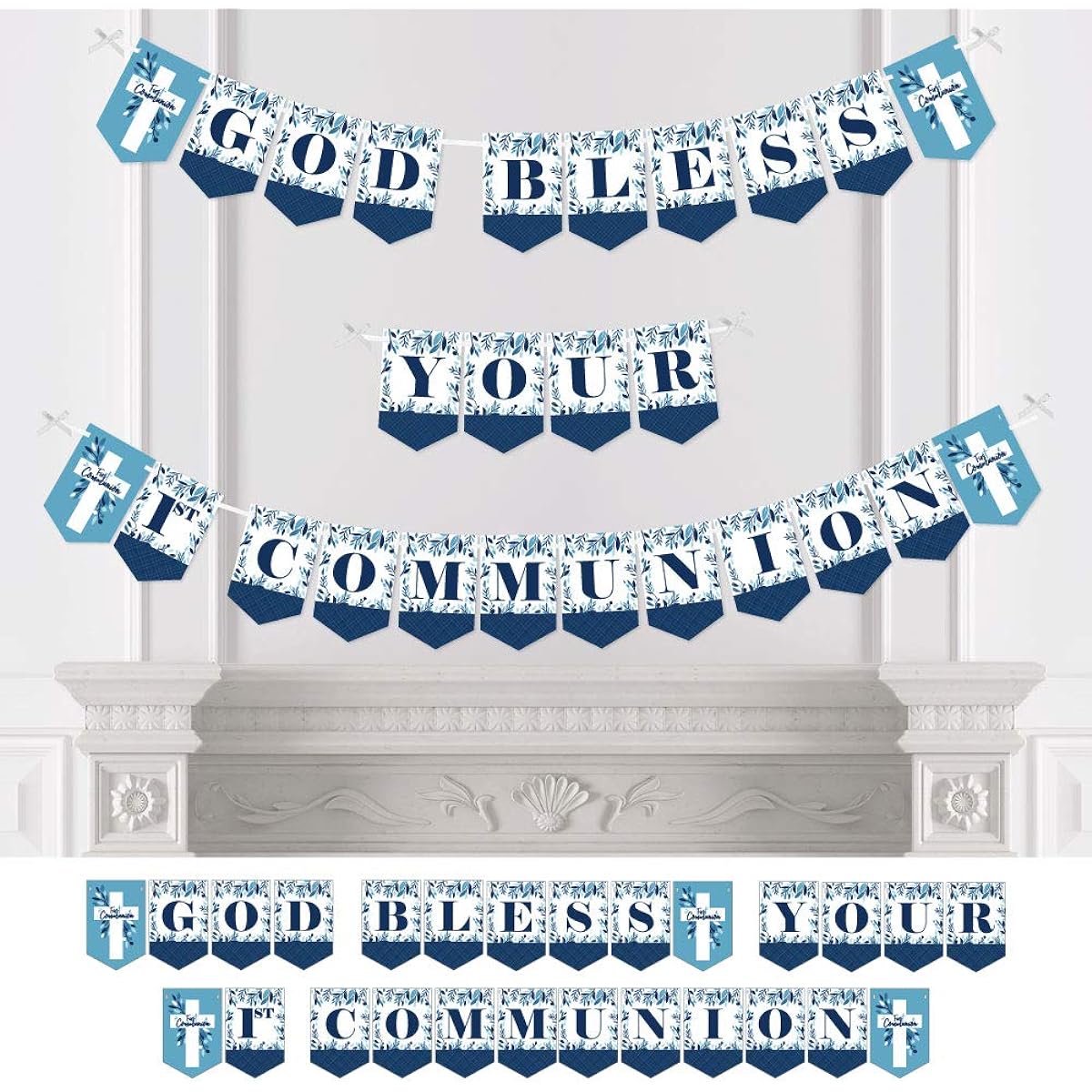 Big Dot of Happiness First Communion Blue Elegant Cross - Boys Religious Party Bunting Banner - Party Decorations - God Bless First Communion