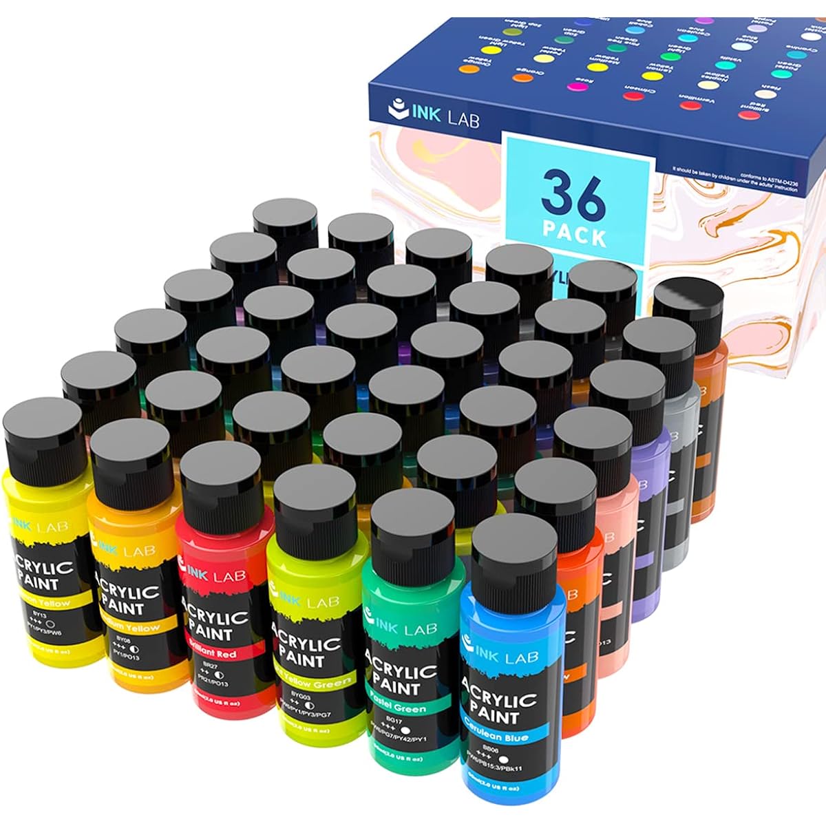 Acrylic Paint Set Non-Toxic 36 Classic Colors Acrylic Craft Paints Fade-Resistant Rich Pigment for Artists Beginners Kids Adults Canvas Wood Painting