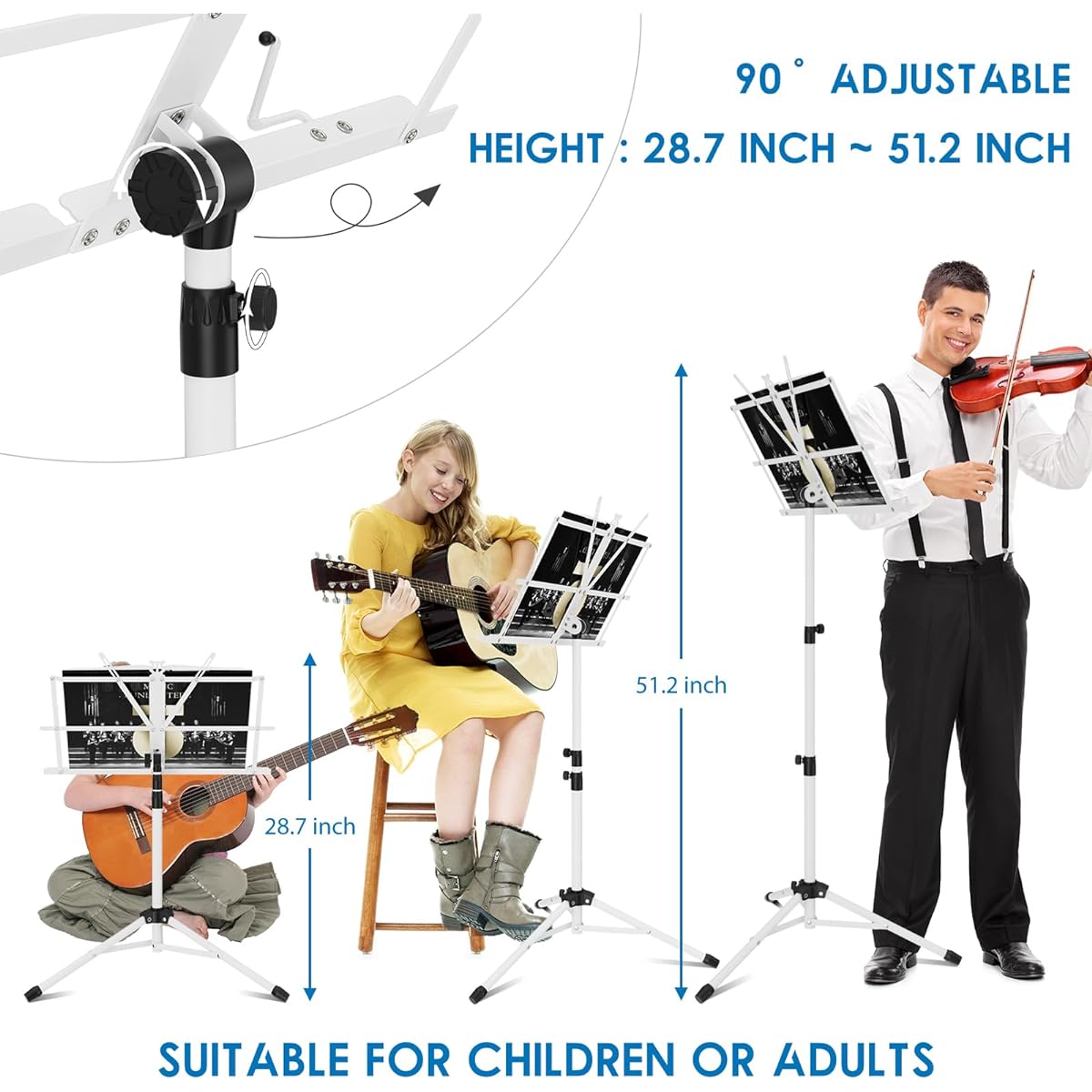 K KASONIC - Music Stand 2-in-1 Dual Use Folding Music Score & Desktop Book Stand Portable Lightweight with Music Clip Holder & Carry Bag Perfect for Musical Instrument Playing White