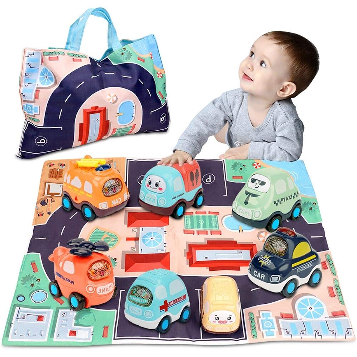 Baby Toys for 1 Year Old Boy | 7 Set Push and Go Car Toys with Play Mat/Storage Bag for Toddlers | Early Education Toys Birthday Gifts for 1 2 3 Year Old Boys Girls