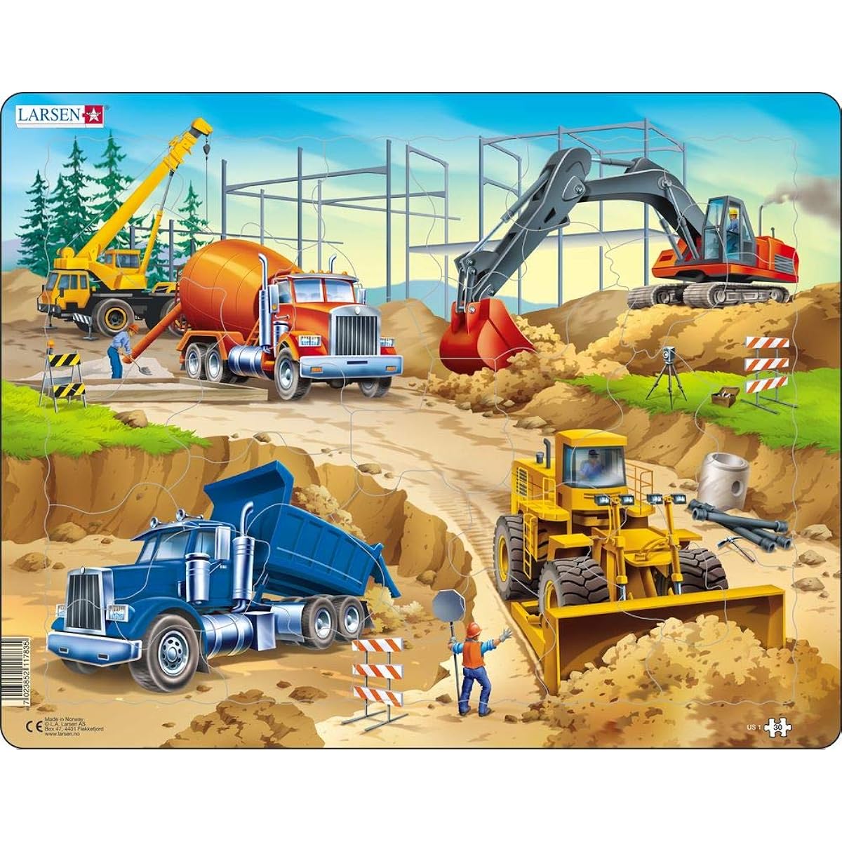 Larsen Puzzles Larsen Construction Educational Jigsaw Puzzle - 60 Piece Tray & Frame Style Puzzle - Handcrafted Exclusively in Norway