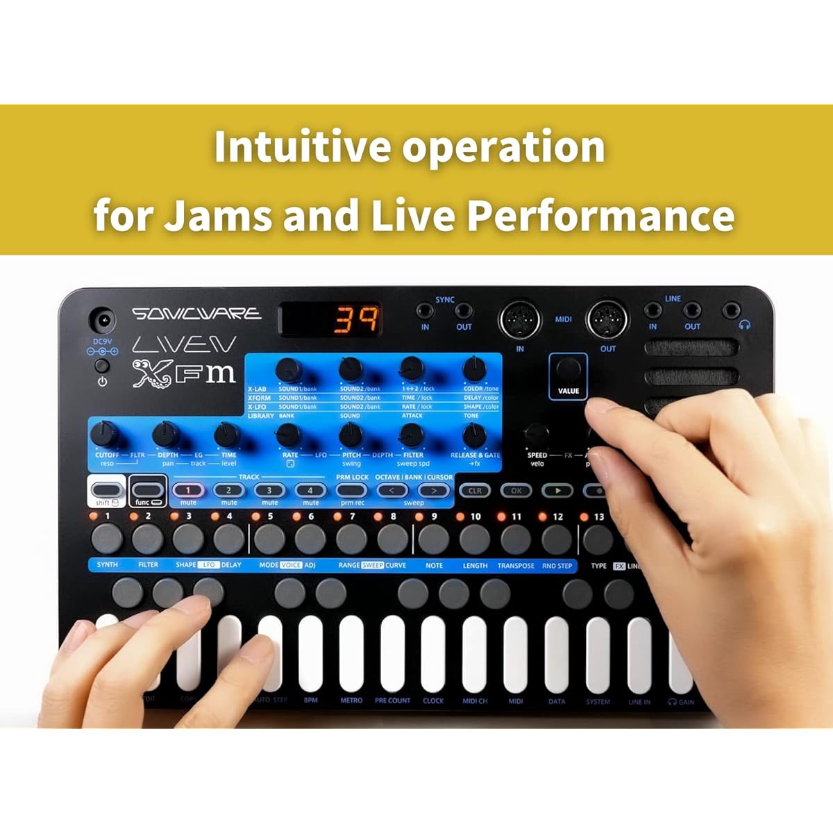 SONICWARE LIVEN XFM [FM synthesizer groove box] 4-track step sequencer, 6 voices, 10 effects, battery powered, built-in speaker