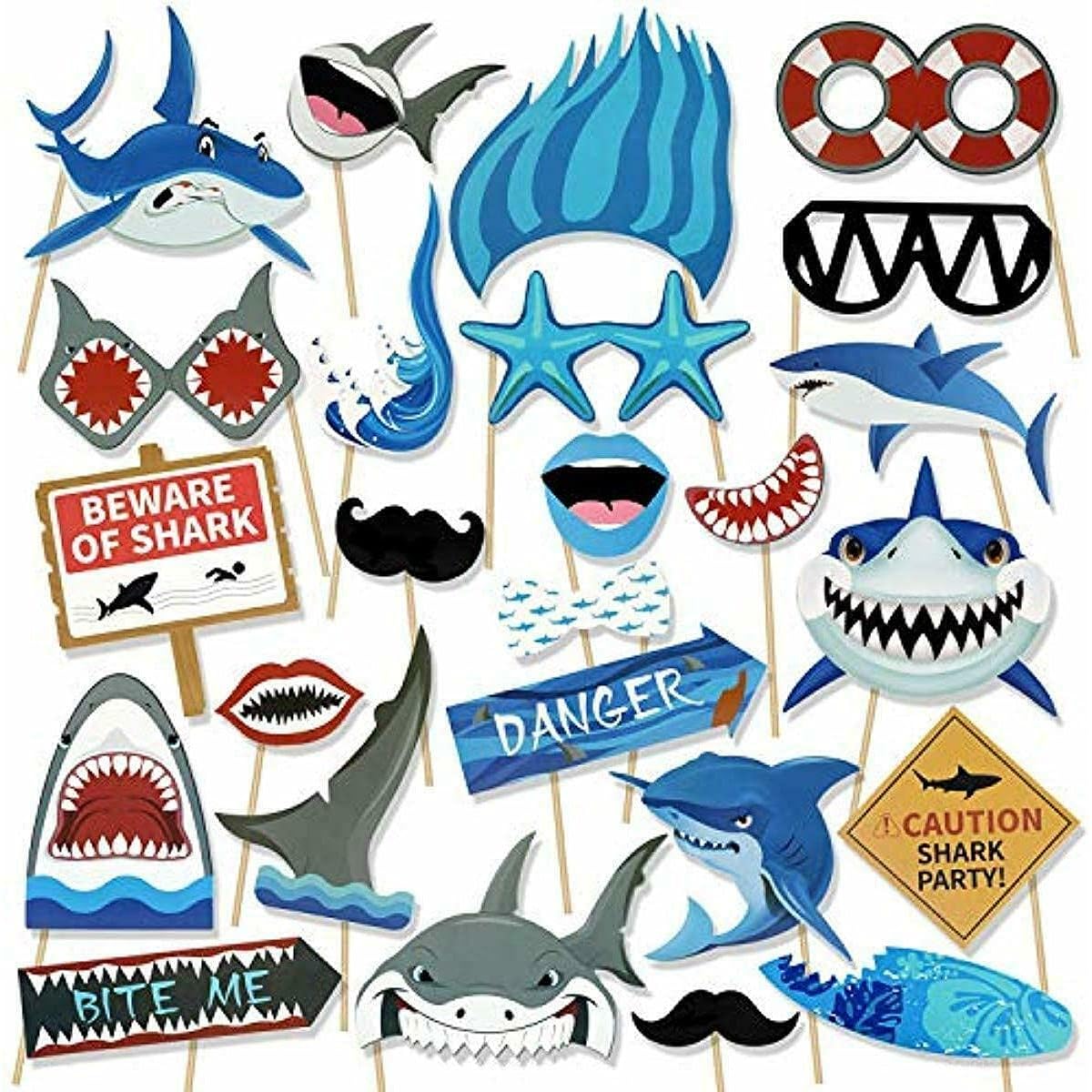 PowerTRC Photo Booth Props | Ocean Shark Themed Photo Booth Party Props | Birthday Party Supplies Props for Photos and Decorations | 25 Pieces Variety Props