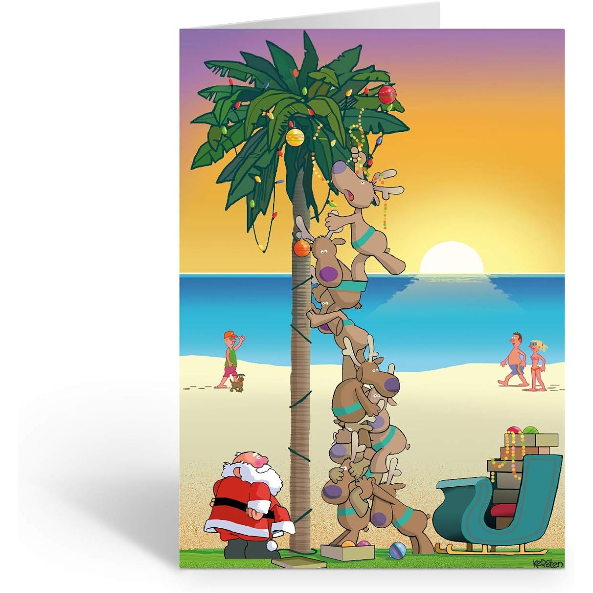 Palm Tree Ocean Sunset Cards - Santa Decorating Palm Trees - 18 Christmas Cards and Envelopes (Standard)