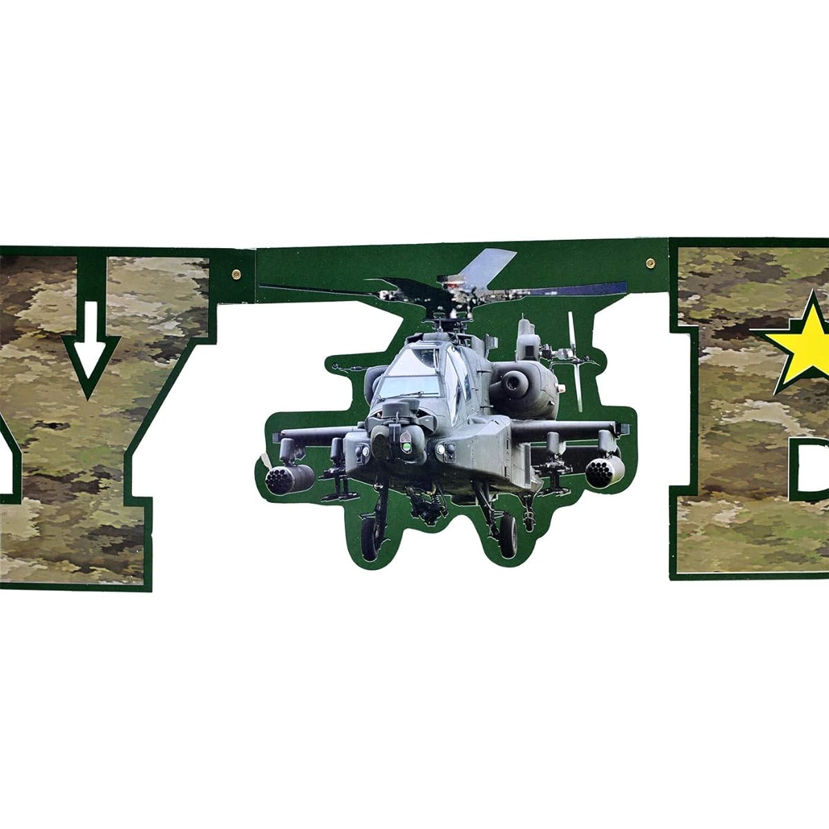 Military Army Camo Happy Birthday Banner (Large, 7" Cardboard Cutout, Letters, Apache Helicopter Center) US Army Army American Heroes Collection by Havercamp