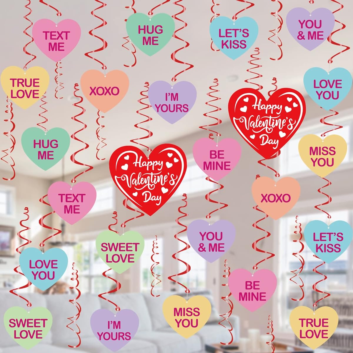 Valentine's Day Hanging Decorations - 36pcs Valentine's Day Candy Hearts Swirl Ceiling Hanging Decor - Conversation Heart Decorations for Valentine's Party