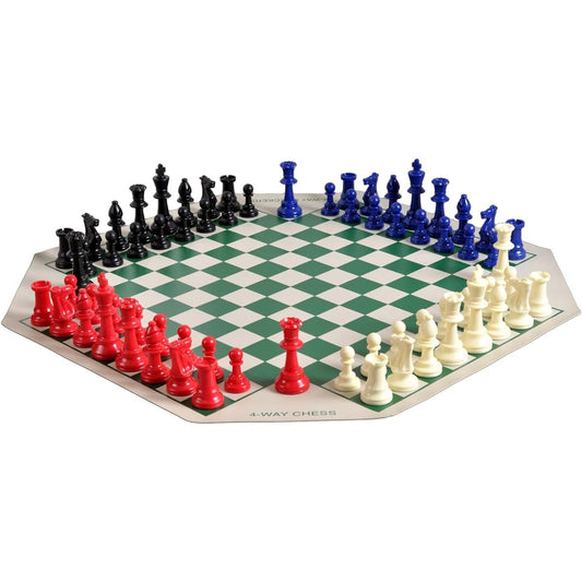 The House of Staunton 4 Player Chess Set Combination - Single Weight Regulation Color Chess Pieces with 4 Player Vinyl Chess Board