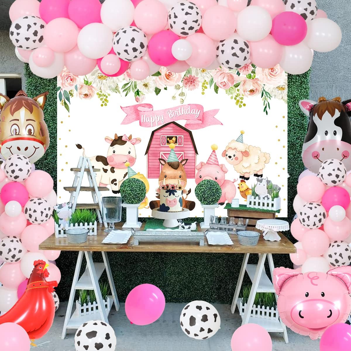 Farm Animals 1st Birthday Decorations for Girls Pink Farmhouse Balloon Garland Party Supplies Barnyard Flower Birthday Backdrop Animal Farm Balloons Baby Shower Party Decorations for Girls