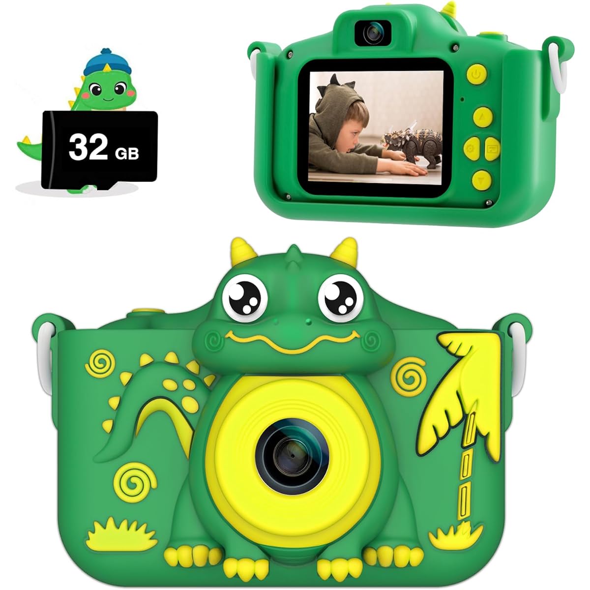 MYLORFUL Kids Camera Cartoon Dinosaur Selfie Digital Camera Toy for Children Christmas Birthday Gift Boys Girls 3 4 5 6 7 8 9 10 11 12 Years Old with 32GB SD Card