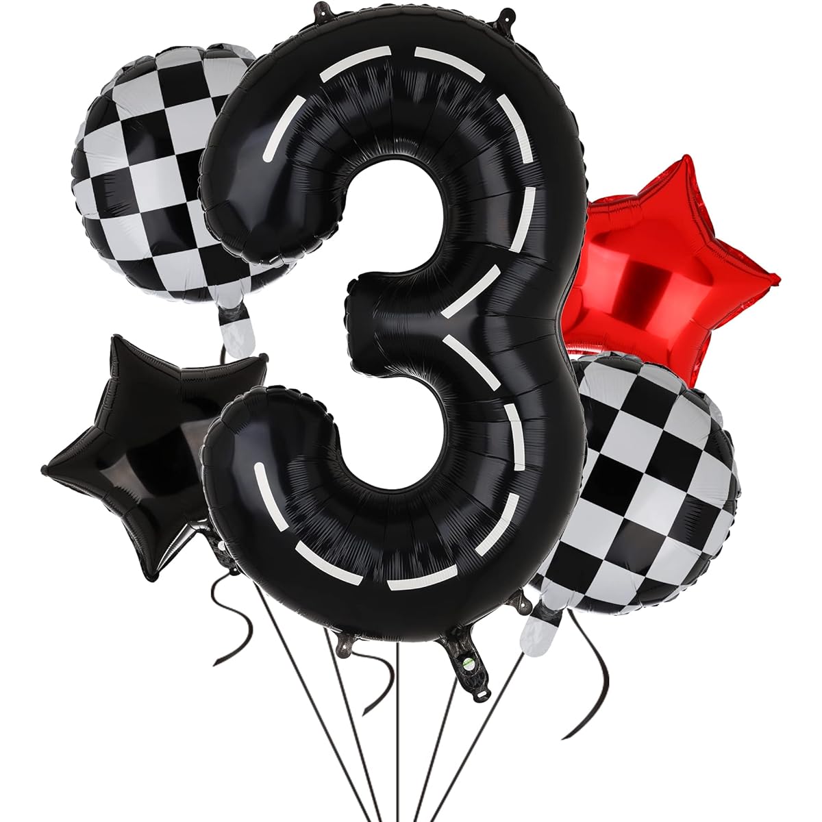 Race Car Birthday Balloons, 40" Race Track Number Balloons 3 Black for Boys 3rd Birthday Race Car Theme Party Decorations Supplies Mylar Helium Balloons 5pcs