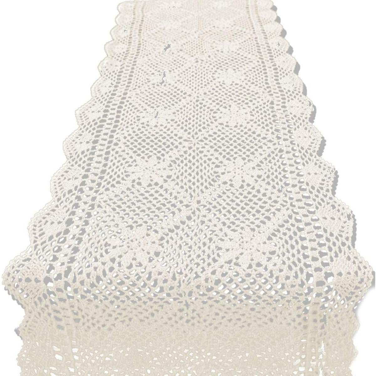 KEPSWET 14x48 Inch Beige Cotton Crochet Lace Rectangle Table Runner Handmade Table Decor