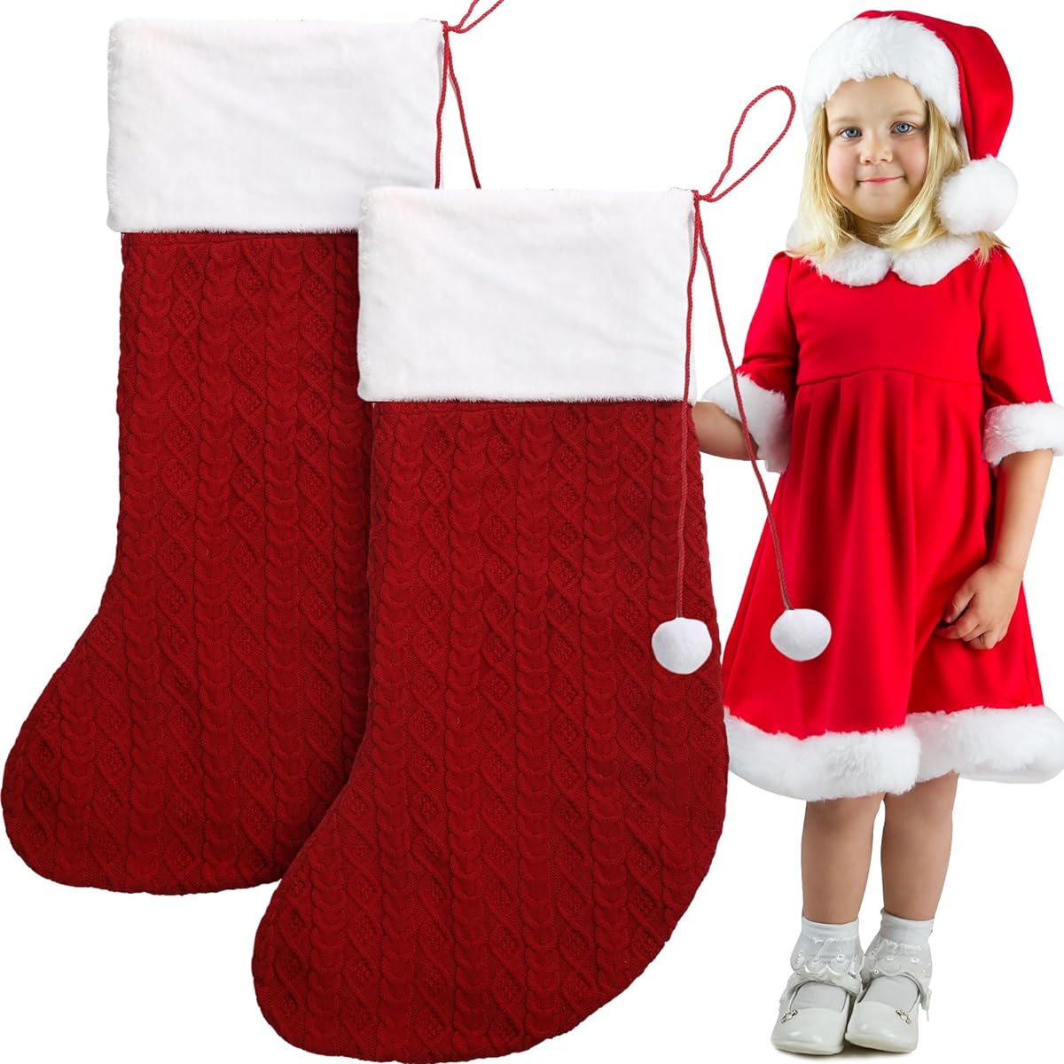 Treela Big Christmas Stockings 2 Pack 38 Inch Large Christmas Hanging Stockings with Pom Pom Balls Giant Oversized Knitted Santa Stockings for Kids Family Holiday Christmas Party Gift Decoration (Red)