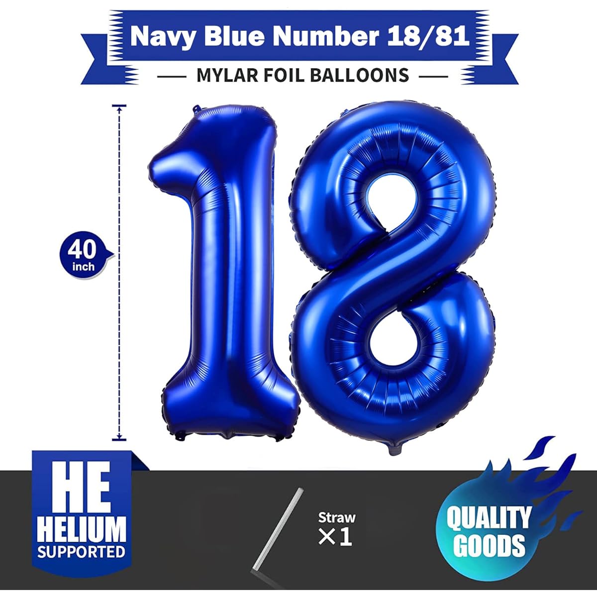 Navy Blue Balloon Number 40 Inch Dark Blue Birthday Balloons Large Foil Mylar Balloons for Birthday Party Anniversary Decorations (Navy Blue Number 18)