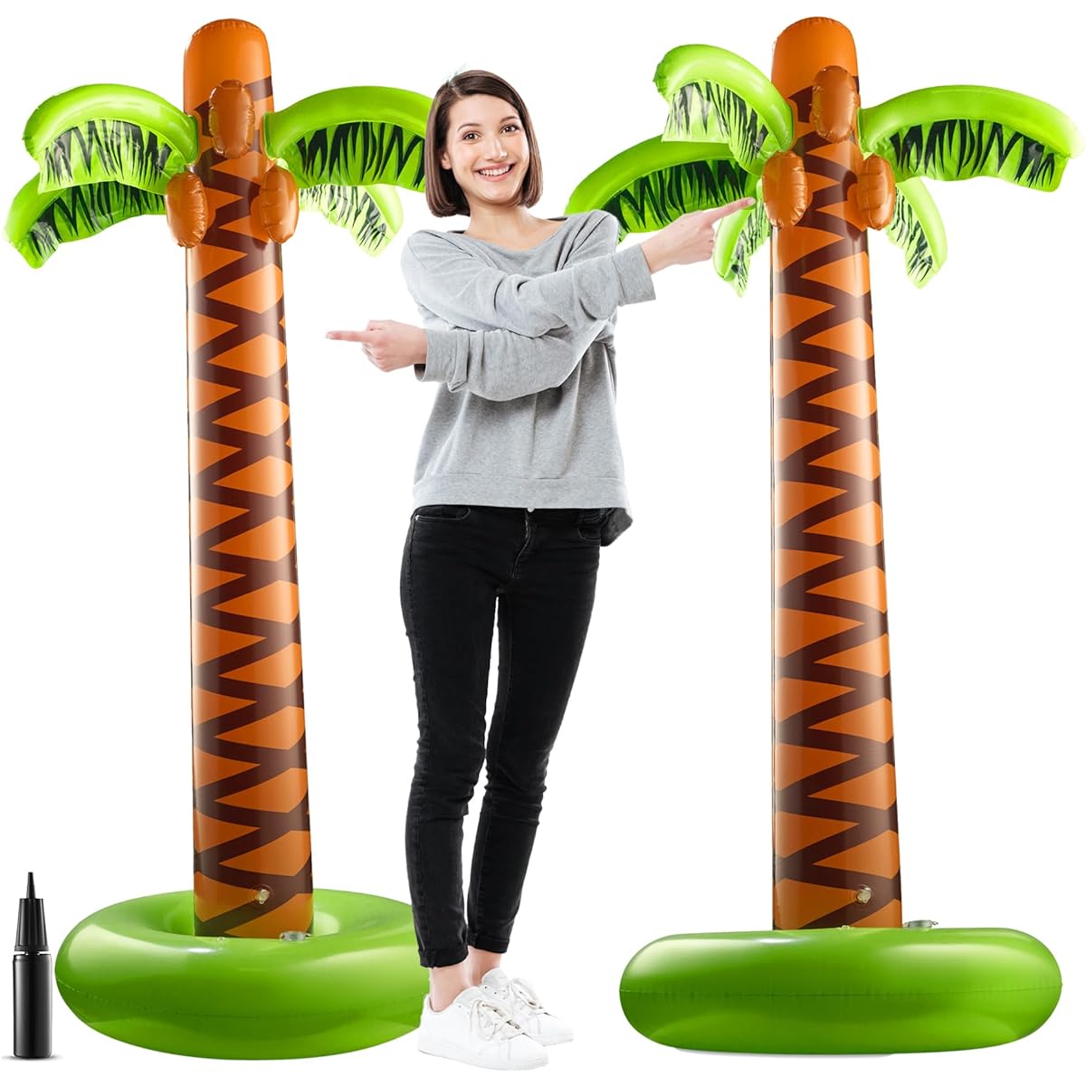Inflatable Palm Trees with Hand Pump - (2 Pack) Large 5.5ft Inflatable Palm Trees for Hawaiian Themed Tropical Birthday Summer Beach Backyard Luau Pool Party Decorations Photo Booth Props Accessories