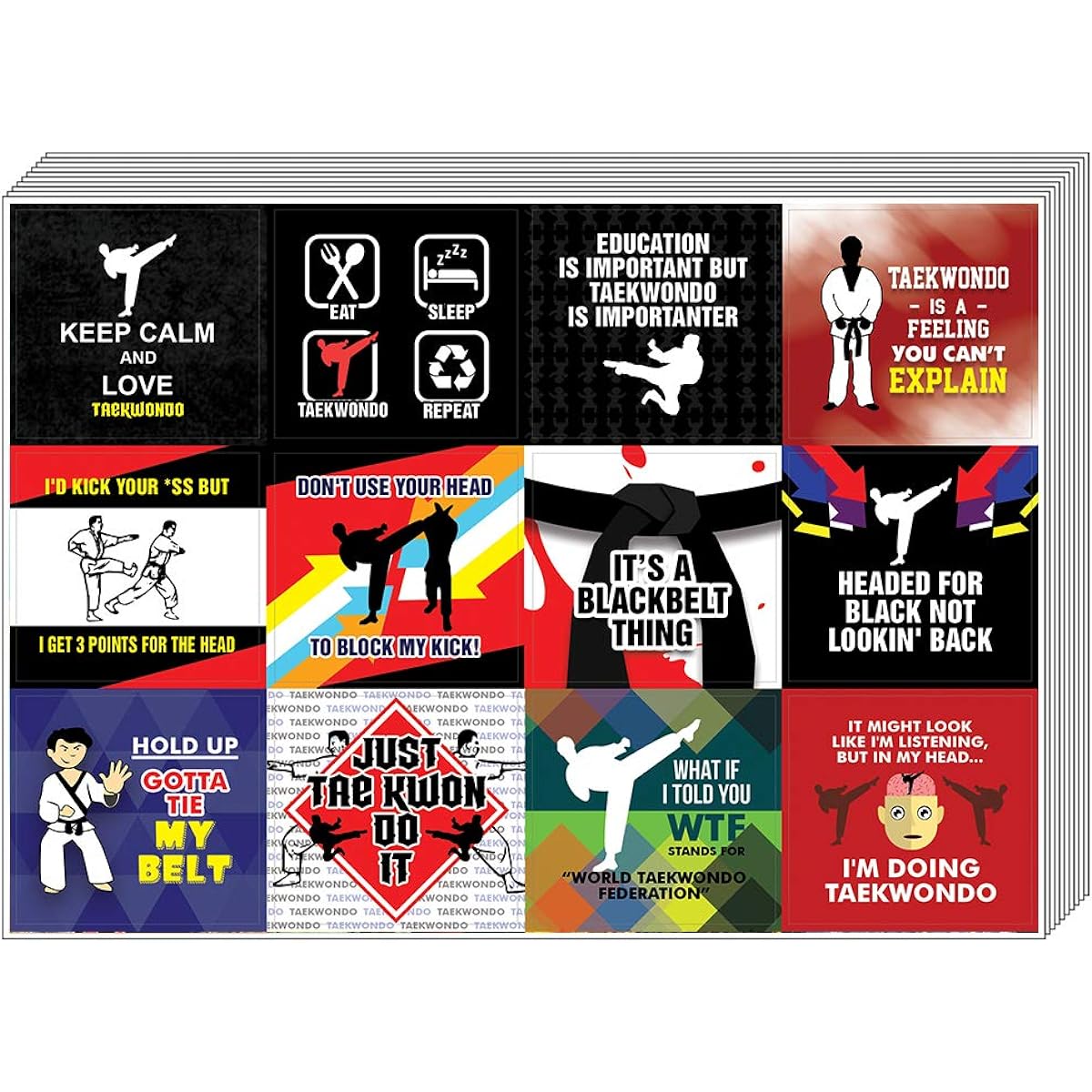 Creanoso Taekwondo Stickers (5 Sheets) - Total 60 Pieces (5 x 12 Sheets) Individual Small Size 2.1 x 2 Inch, Unique Personalized Theme Design, Flat Surface DIY Decoration Art Decals for Kids