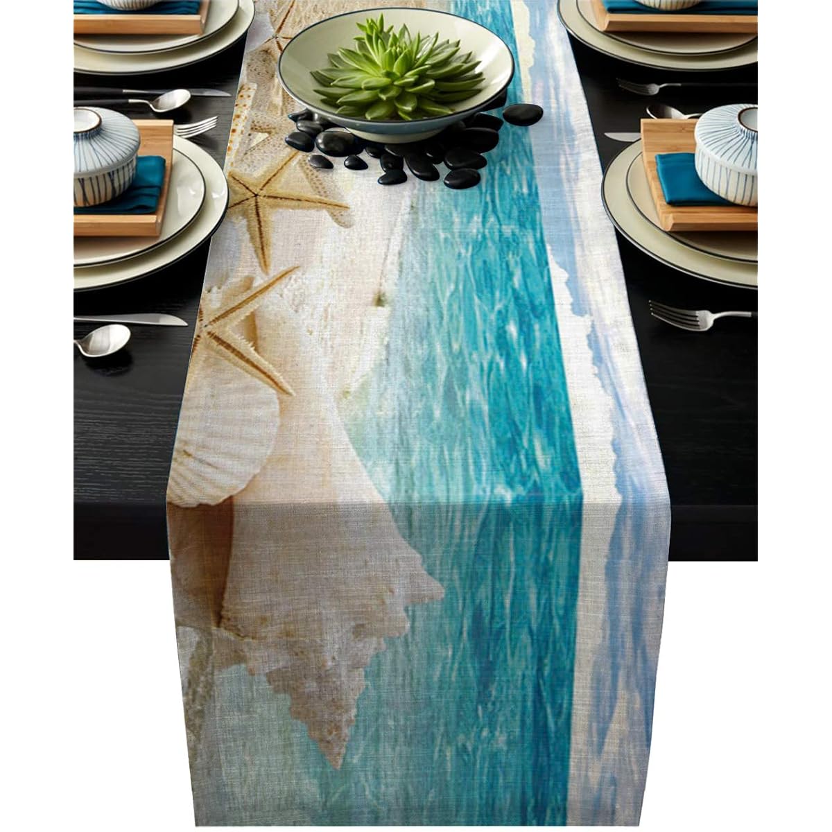 IDOWMAT Linen Burlap Table Runner Dresser Scarf Sunshine Beach Shell Starfish Kitchen Table Runner for Farmhouse Dinner/Holiday Party/Wedding/Event/Decoration (16 By 72 Inch)