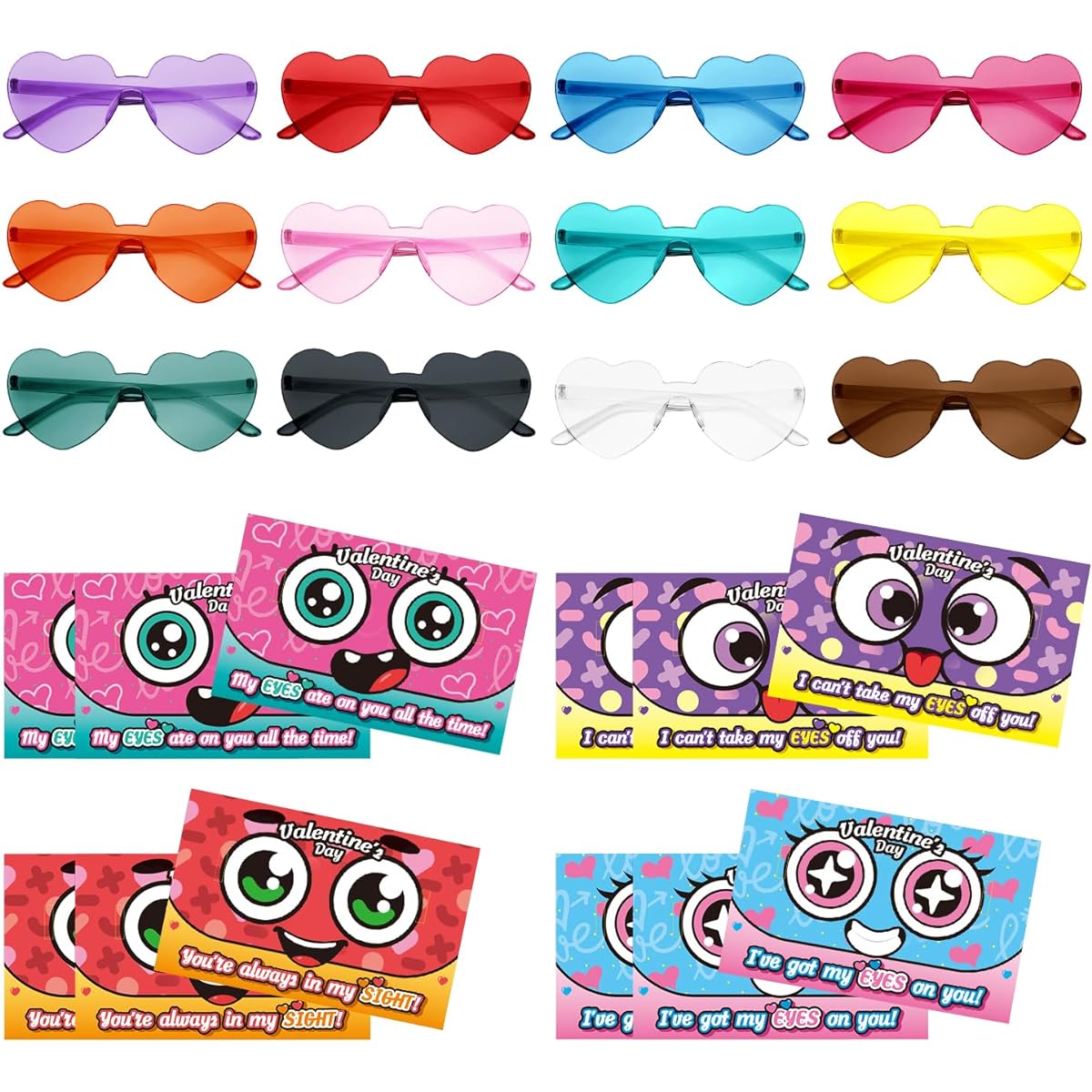 PARSUP Valentine's Day Greeting Cards with Heart Shaped Glasses, 12 Plastic Glasses Case Toys Party Favors for Kids Valentine's Day Class Exchange Gift
