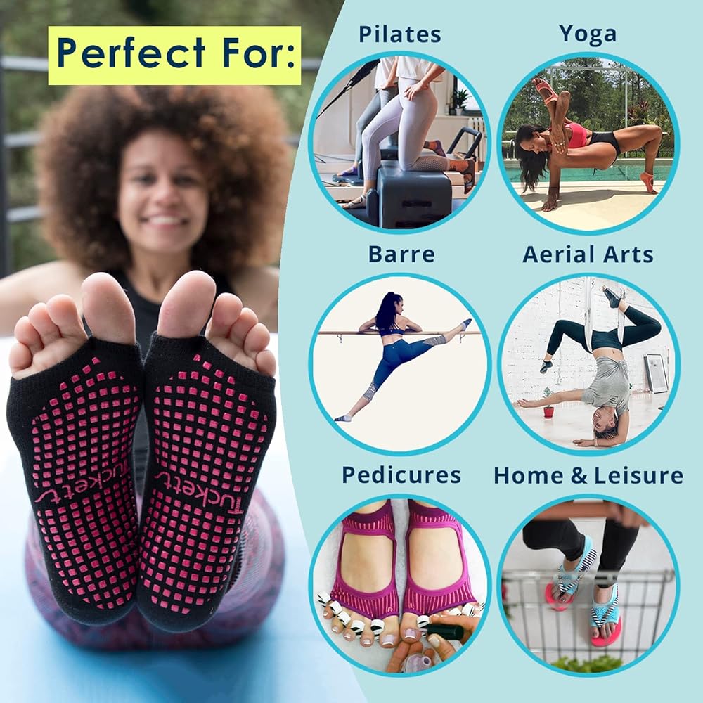 [Tucketts] Yoga Socks for Women, Anti-Slip, Toeless, Non-Slip Adhesive Grip Socks - One Size Fits Most for Pilates, Barre Lessons, Ballet (Allegro Style)