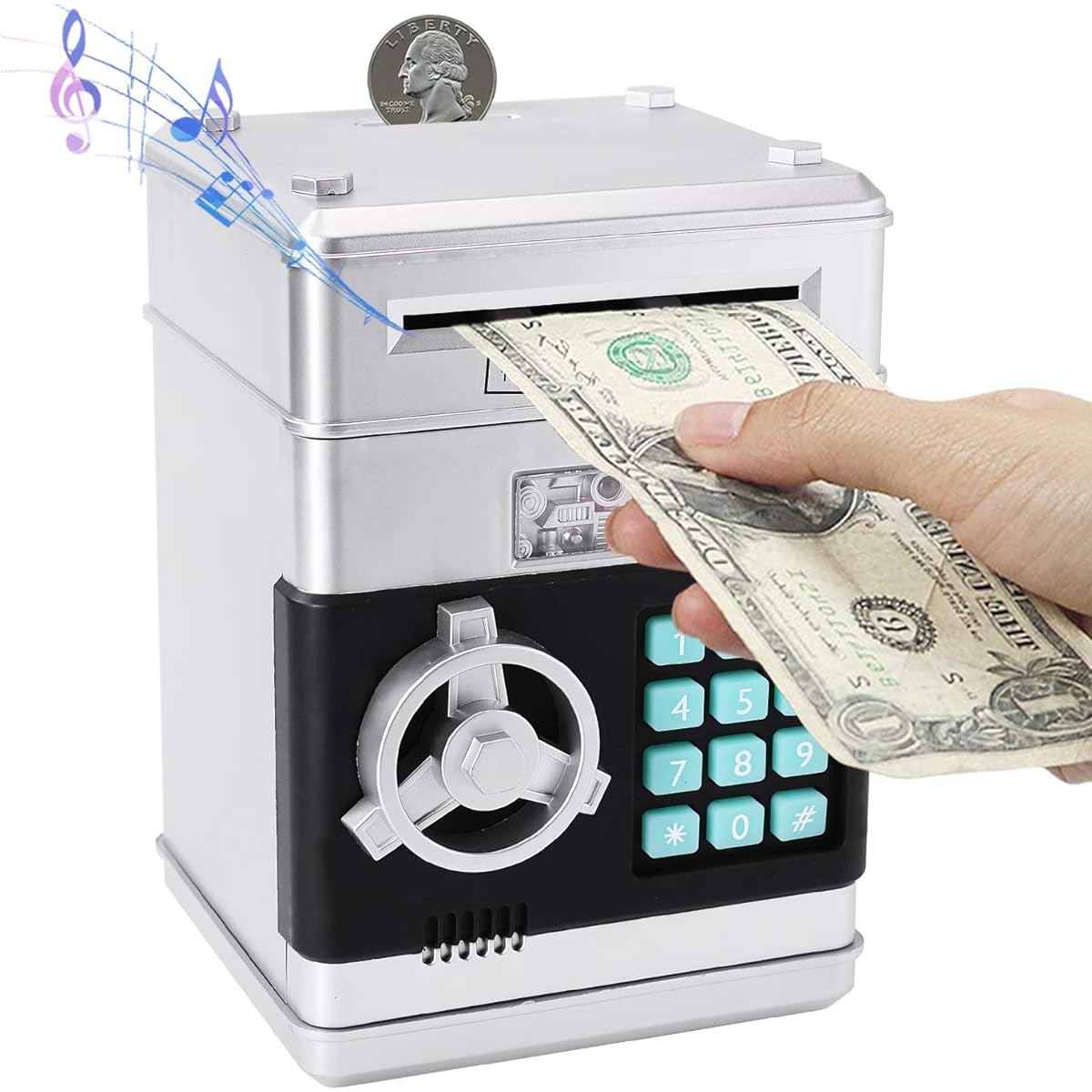 PowerKing ATM Piggy Bank, Electronic Password Money Box, Safe Piggy Bank, Voice Prompt Cartoon Panda Piggy Bank for Kids Ages 3+ (Grey)