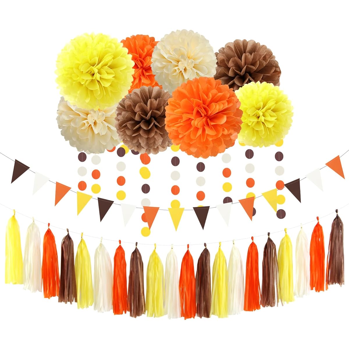 Ouruola Baby Shower Party Decorations Brown Orange Yellow Fall Harvest Thanksgiving Tissue Pom Poms Streamers Birthday Bridal Wedding Bachelorette Tassel Garland Banner Decor 30pcs