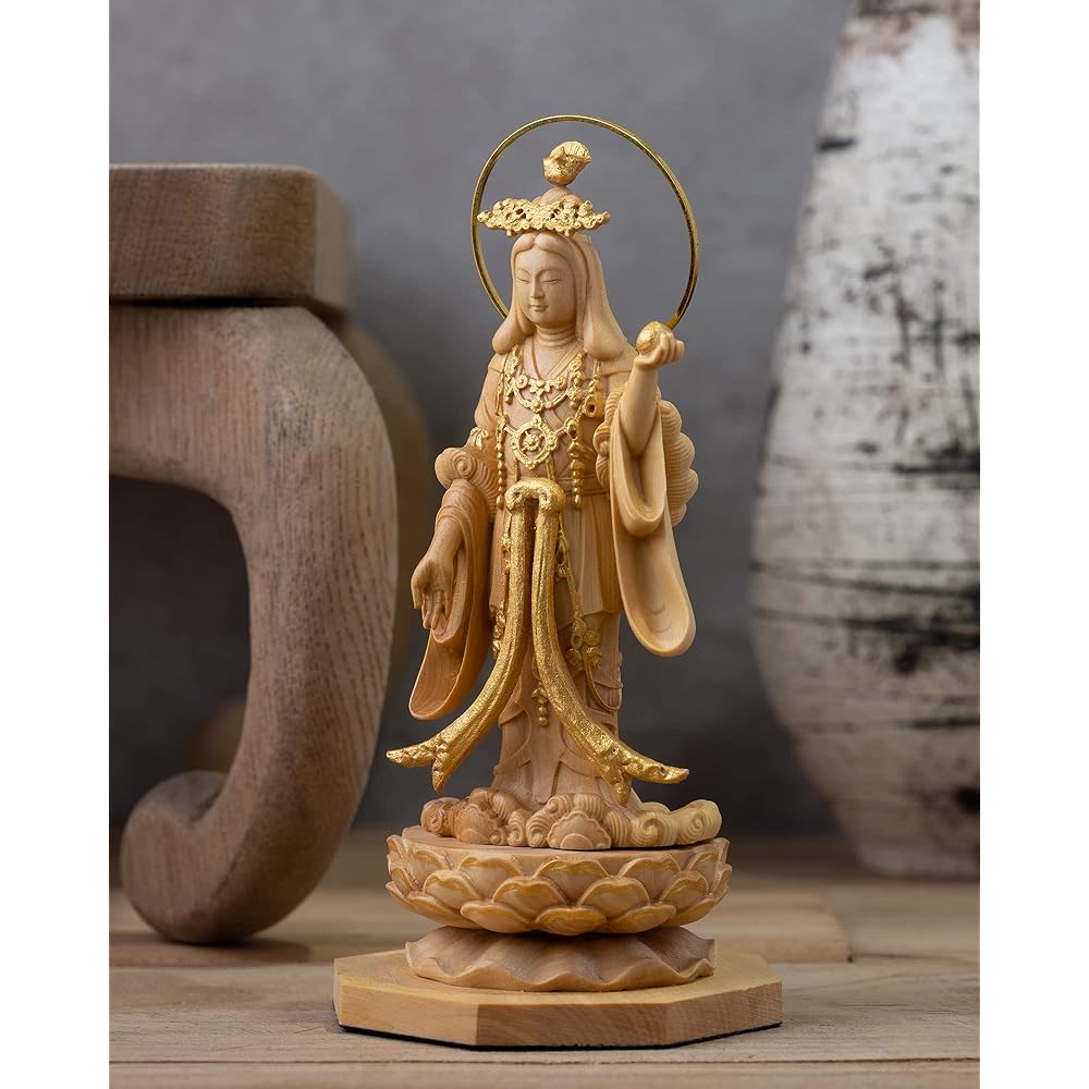 Tiny Buddha Kisshoten Standing Statue - 11cm Joruri Temple Type (Wooden: Boxwood Gold Paint Finish)_Buddha Statue Figure Wood Carving Ornament (GSB Kisshoten