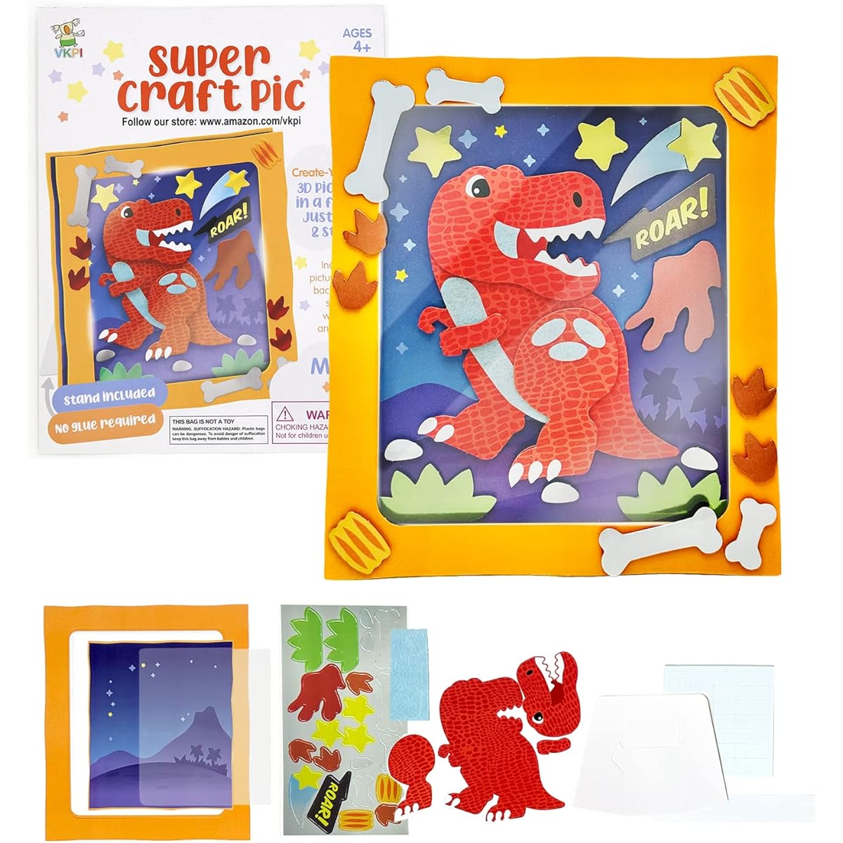 VKPI Super Craft Picture, Paper Craft Picture, Creative Make Your Own 3D Dinosaur Picture, Art & Craft Game, Ages 4+, Toddler Preschool Learning Toys, Birthday Party Favors Supplies