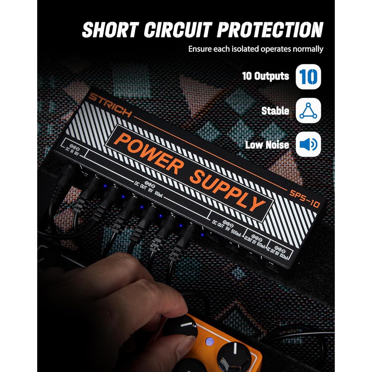 STRICH Guitar Pedal Power Supply 10 Isolated DC Outputs for 9V/12V/18V Effect Pedal 100mA 500mA Pedal Board Power Supply Short Circuit Protection Noise Reduction Circuit Design New Version
